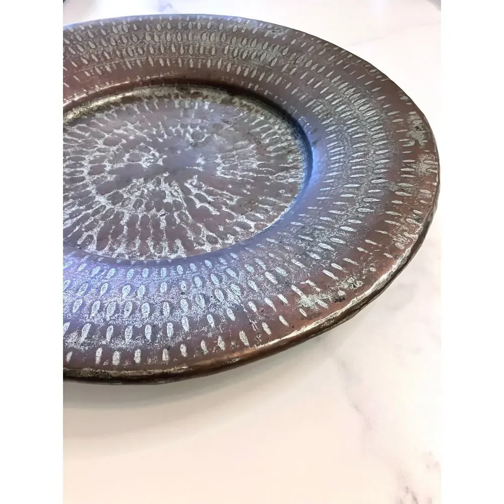 Vintage Hammered Copper Platter Large Turkish Bowl Tinned Rolled Edge 15 In